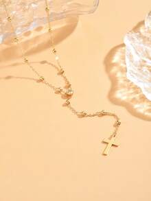 1条欧美时尚个性Y字形长项链，配十字架吊坠，百搭饰品，适合女性日常穿搭及派对/音乐节佩戴。注意：手工制作，链长可定制，珠子数量随机。 - 金色 - 查看 3