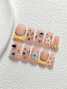 10Pcs Sweet And Edgy Girl Style Handmade Nail Art Set,Unghie Press On,Colorful Hearts And Star Shaped Rhinestones Nail Art Accessories,Stars, Lines Nail Art Decorations,Yellow And White Nail Polish,Fresh Summer Style,Comes With Nail Tools(1 Sheets Jelly Stickers+1PC Nail File)3 Sizes Available,Almond Nails, Duck Nails,Coffin Nails,Suitable For Reunion,Daily,Party,Photograph,Play,Spring Summer,Commute Supplies Nails - 彩色 - 查看 2