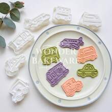 Khuôn cắt bánh quy hình phương tiện giao thông bằng nhựa, hình xe hơi 3D hoạt hình, có thể ấn để tạo hình bánh quy, dụng cụ làm bánh ngọt trong nhà bếp. - trắng - Xem 1
