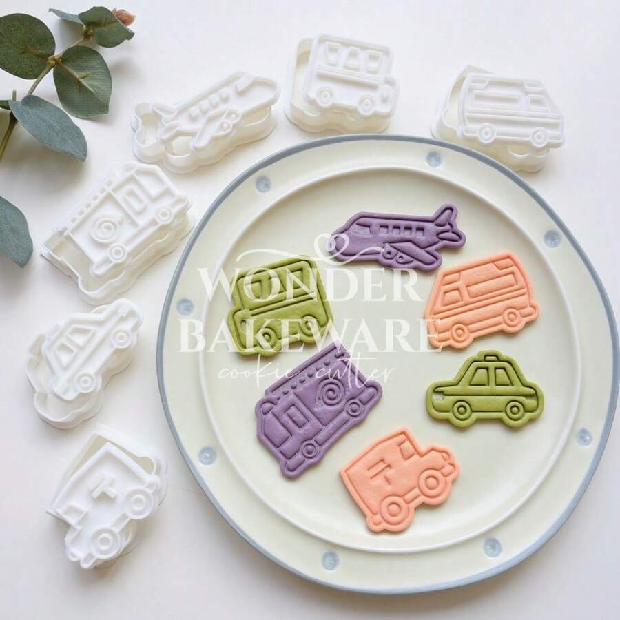 Khuôn cắt bánh quy hình phương tiện giao thông bằng nhựa, hình xe hơi 3D hoạt hình, có thể ấn để tạo hình bánh quy, dụng cụ làm bánh ngọt trong nhà bếp. - trắng - Xem 1