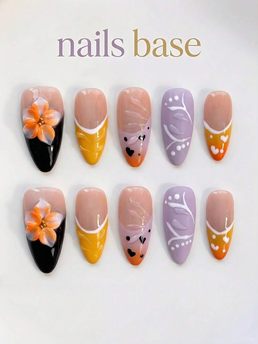 NAILS BASE 10件/組 粉色杏仁形長款法式漸層漸變甲油膠假指甲,附玫瑰紅花朵,杏仁形甲片,適合辦公場合的中性華麗風,日式手工 P - 彩色 - 查看 1