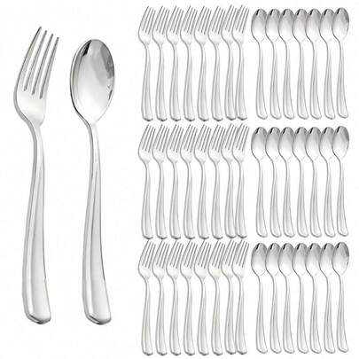 25/50/100pcs High-Quality Silver Forks And Spoons Set, Suitable For Kitchen And Dining, Reusable, Easy To Clean, Dishwasher