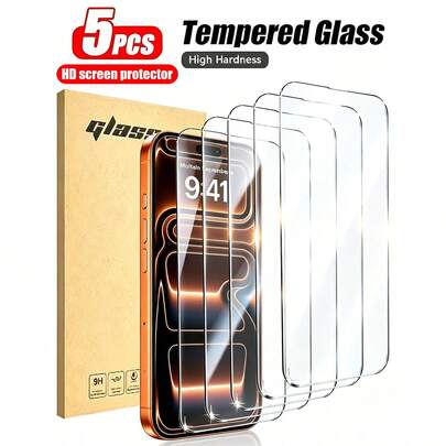 5pcs Ultra-Durable Full Screen High-Definition Tempered Glass Screen Protector, Compatible With 17/17Pro/17Air/17Pro Max, 16/16Pro/16Plus/16Pro Max, 15/15Plus/15Pro/15Pro Max, 14/14Plus/14Pro/14Pro Max, 13 Mini/13/13Pro/13Pro Max, 12 Mini/12/12Pro/12Pro Max, 11/11Pro/11Pro Max. Scratch-Resistant, Anti-Fall, Anti-Fingerprint, 9H Hardness, Easy To Install.