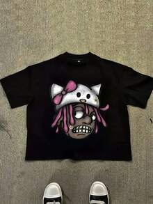Loose T - Shirt, Summer Casual Women's T - Shirt, 100% Cotton Women's Top. White Short Sleeve T - Shirt With Cartoon Pattern - 黑色 2 - 查看 1