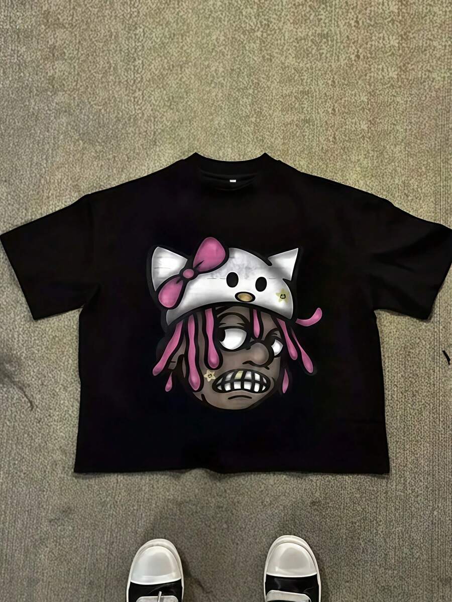 Loose T - Shirt, Summer Casual Women's T - Shirt, 100% Cotton Women's Top. White Short Sleeve T - Shirt With Cartoon Pattern - 黑色 2 - 查看 1