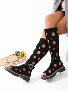 Giày sandal nữ kiểu dáng mới, khoét lỗ, đa năng, kiểu dáng châu Âu và Mỹ, đế bằng, có quai cài và khóa kéo phía trước, thích hợp cho mùa xuân/hè. - màu đen - Xem 3