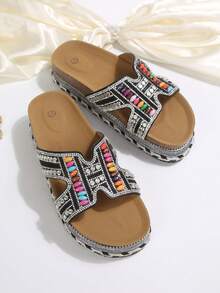 2026 Spring/Summer New Women's Sandals, Double Strap, Rhinestone Fashionable Thick-Soled Slippers, Random Floral Patterns, Essential For Vacation & Beach, Suitable For All-Day Wear - Black - View 7