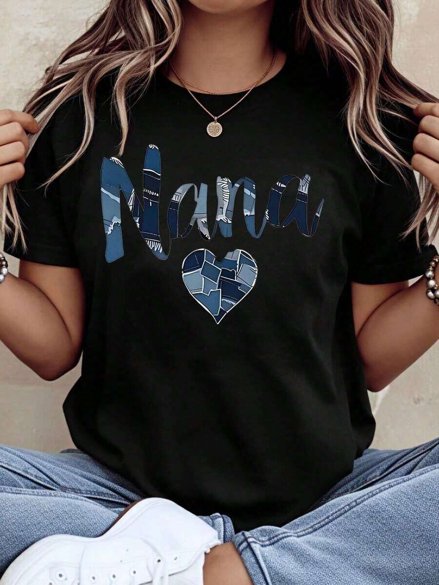 Camiseta con Diseño de Corazón en Patchwork Nana, Regalo para Abuela, Regalo para el Día de la Madre, Regalo de Cumpleaños, Ropa Casual para Mujer, 220gPlayera - Negro - Ver 1