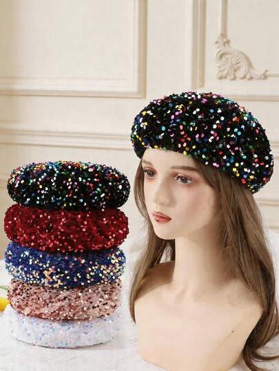 1 chiếc mũ beret nữ lấp lánh kiểu Y2K dễ thương, thích hợp mặc hàng ngày, đi du lịch hoặc dự tiệc.