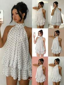 Valentine Outfits For Women Sweet Vacation Slim Sexy Backless Halter Waist-Cinching Top Puffy Short Skirt Dress For Women - 白底黑色波點 - 查看 10