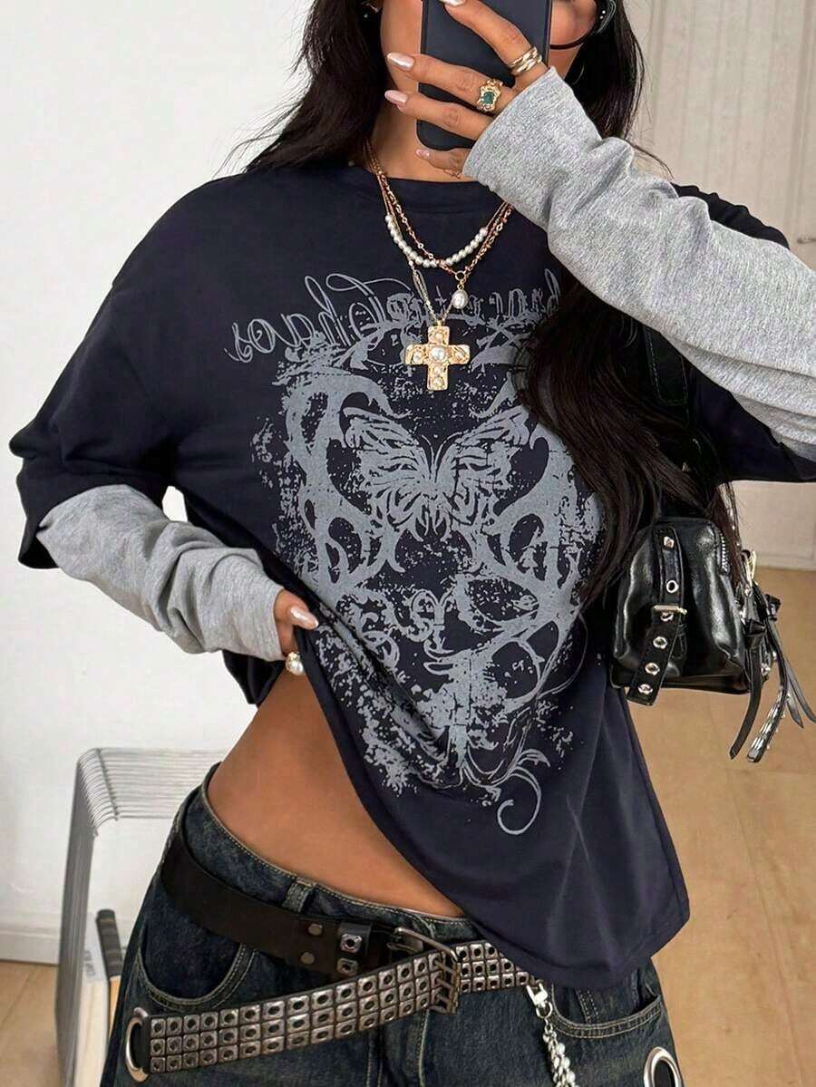 TopstopsCoolane Women's & Men's Spring/Summer Couple Same Style Streetwear Goth Grunge Punk Casual Vintage Cotton Graphics Comfortable Round Neck Patchwork Brown And Beige Oversized Long Sleeve T-ShirtLoose And Comfortablesummer Topssummer Tops - 藏蓝色 - 查看 1