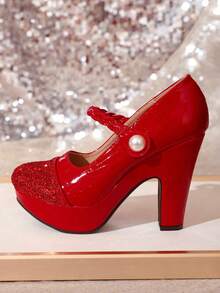 11.3cm Super High Heel Round Toe Pumps, Thick Platform, Patent Leather Patchwork, Pearl Buckle, Large Size Cheongsam Wedding Party Shoes For Women - Red - View 6