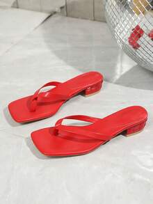 Plus Size Summer New Soft Leather Square Toe Sandals, Thong Kitten Heel Sandals, Versatile Stilettos Flip Flops For Women - Red - View 4
