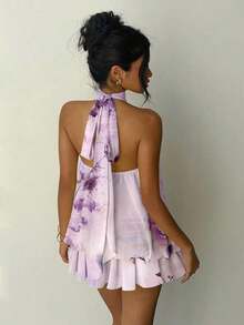 Vestido mini elegante de mujer con cuello halter y lazo en color amarillo claro - Multicolor - Ver 2