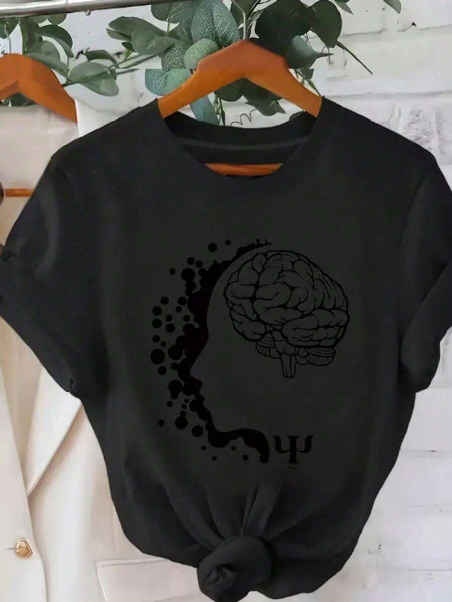 Women's Crew Neck T-Shirt With Psychology Brain & Sigma Plan Print, Women's Fashion T-Shirt With Psychology Brain & Sigma Plan Print, Casual Short-Sleeve T-Shirt, Women's Blouse , Comfort For All Seasons - 白色 - 查看 1