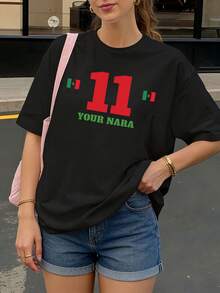 Camiseta negra con estampado número 11 y bandera de México para mujer estilo casual - Negro - Ver 1