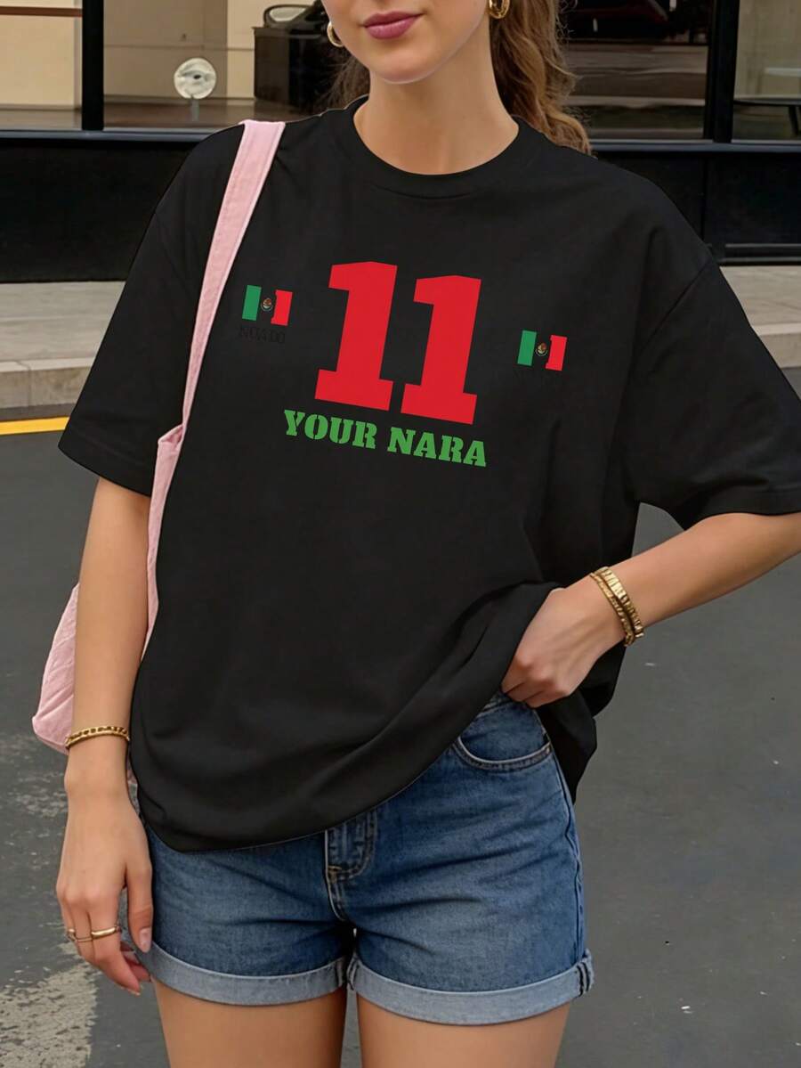 Camiseta negra con estampado número 11 y bandera de México para mujer estilo casual - Negro - Ver 1