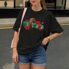 Camiseta Negra Mexicana con Estampado de Rosas y Águila para Mujer Casual Verano - Negro - Ver 3