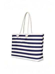 [Embroidered] Customized Navy Blue And White Striped Beach Tote Bag, Large Women's Canvas Rope Handle Shoulder Bag, Essential For Summer Beach Travel - Multicolor - View 5