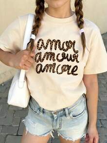 Women's Leopard Print Letter Graphic Loose Casual Street Style Short Sleeve Round Neck T-Shirt - Apricot - View 1