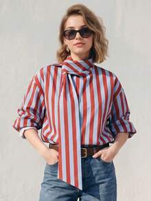 女士春夏优雅休闲蝴蝶结领撞色条纹衬衫 - 紅藍色 - 查看 2