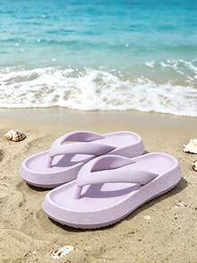 New Summer Solid-Color Flip-Flops For Women And Lightweight EVA Platform Slippers For Men. The Shoes Feature Non-Slip Textured Soles, Skin-Friendly And Comfortable Thong Straps, Soft Cushioned Soles, Versatile Style, And Are Available In Plus Sizes. Ideal For Beach Outings, Casual Wear, And Daily Summer Use. - 紫色 - 查看 2