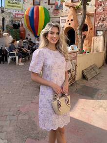 2026 Summer New Arrival French Elegant White Midi Dress, Luxury Embroidery Round Neck Vacation Style Short Dress For Women - Mauve Purple - View 2