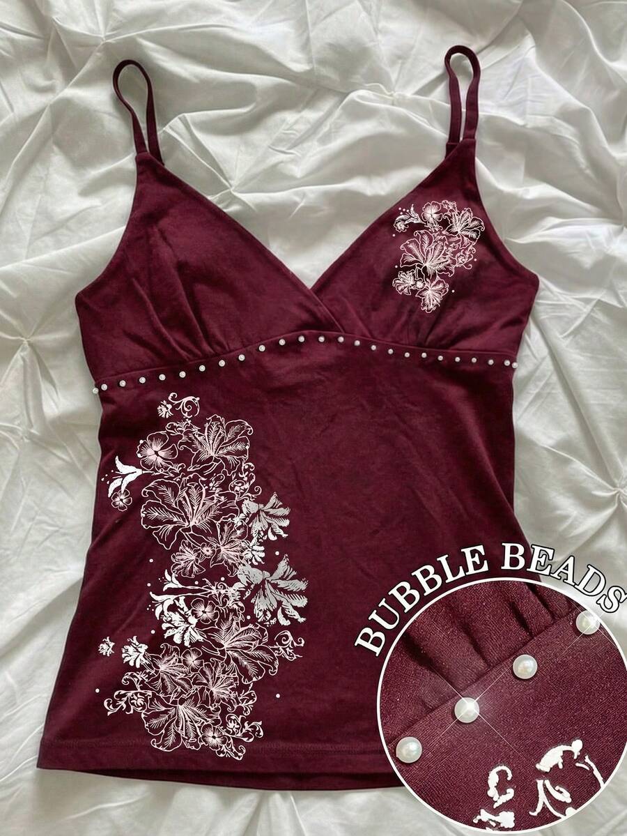 Atasan Cami Tanpa Lengan Kasual Motif Bunga Hibiscus, Atasan Musim Panas, Pakaian Pantai untuk Wanita - Burgundy - View 1