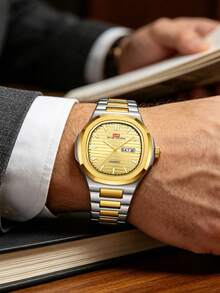 男士奢華運動品牌不鏽鋼 43.5mm 錶盤 原裝雙日曆機芯 商務石英腕錶 VA VA VOOM 情人節禮物 男士腕錶 銀黑運動風 條紋夜光 3Bar 典雅男士腕錶 - 金色 - 查看 8