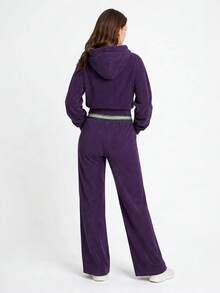 Women's Ribbed Tracksuit Set, Hooded Pullover, Cuffed Sweatshirt, Straight-Leg Trousers With Belt, Pockets, Spring Autumn Casual - Purple - View 3