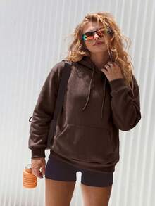 女士保暖连帽卫衣，休闲落肩套头衫，卡其色/深棕色长袖卫衣，秋冬时尚外套，返校教师套装 - 巧克力棕 - 查看 4