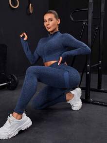 Seamless Zip-Up Tracksuit With Thumb Holes - Navy Blue - View 4