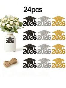 1/12/24 piezas Decoraciones para Fiesta de Graduación 2026 - Etiquetas de Gorro de Graduación con Brillo, Centros de Mesa de Florero de Papel Colorido, Material de Papel, Adecuado para Centros de Mesa de Ceremonia de Graduación, Decoración de Fiesta de Graduación - Multicolor - Ver 16