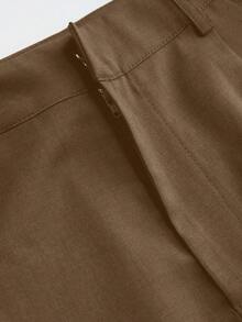 Mono de diseño minimalista Vela Rue con cierre de gancho y cremallera, pantalones anchos de color azul marino sólido semitransparente y ligeros, pantalones anchos de moda para todas las estaciones - Camel - Ver 4