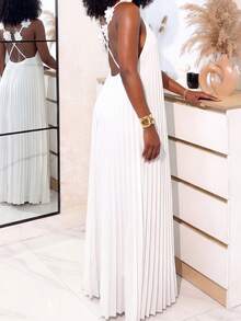 女士优雅吊带3D立体花卉装饰褶皱吊带连衣裙，派对鸡尾酒会礼服，夏日连衣裙，沙滩度假装 - 白色 - 查看 4