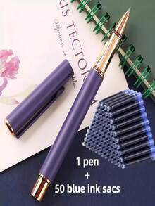 1 penna + 50 st. refillpatroner, matt metallreservoarpenna, mjuk skrift, lämplig för skolan, kontoret, present, kompatibel med 3,4 mm bläckpatroner - 51-delat set - Visa 20