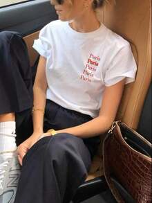 Soft And Simple Short-Sleeved T-Shirt For Women, New Summer 2026 Collection, American Minimalist Design, Fitted White T-Shirt With Letter Print, Casual Summer Short-Sleeved Top For Women, Sizes: S–7XL | Ships In 24 Hours. Letter Print T-Shirt, Soft And Comfortable For Casual Everyday Wear. - 白色 - 查看 6