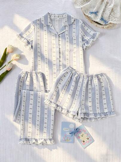3pcs Women's Summer Pajama Set, Casual & Comfortable Loose Striped, Butterfly Print, Patch Pocket, Front Button, Ruffle Collar Short Sleeve Top, Shorts & Pants, Elegant Sleepwear Suit
