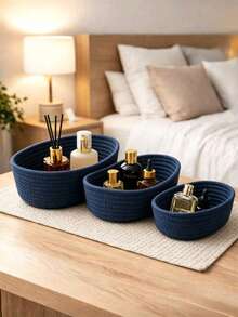 3pcs/1pc Large Blue Oval Handmade Woven Storage Basket, Bohemian Style Rope Basket, Suitable For Kitchen, Bathroom, Multi-Functional Room, Bedroom, Living Room, Dorm, Desk, Vanity, Home Decor, Also For Storing Snacks - Blue - View 3
