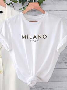 Camiseta de manga corta casual con estampado de cuello redondo para mujer , camiseta estampada de primavera/verano, top de mujer 100% algodón. - Blanco - Ver 6
