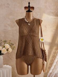 Women's Retro Knit Vest, Sleeveless Round Neck, Regular Length, Ribbed Knit Details - Coffee Brown - View 1