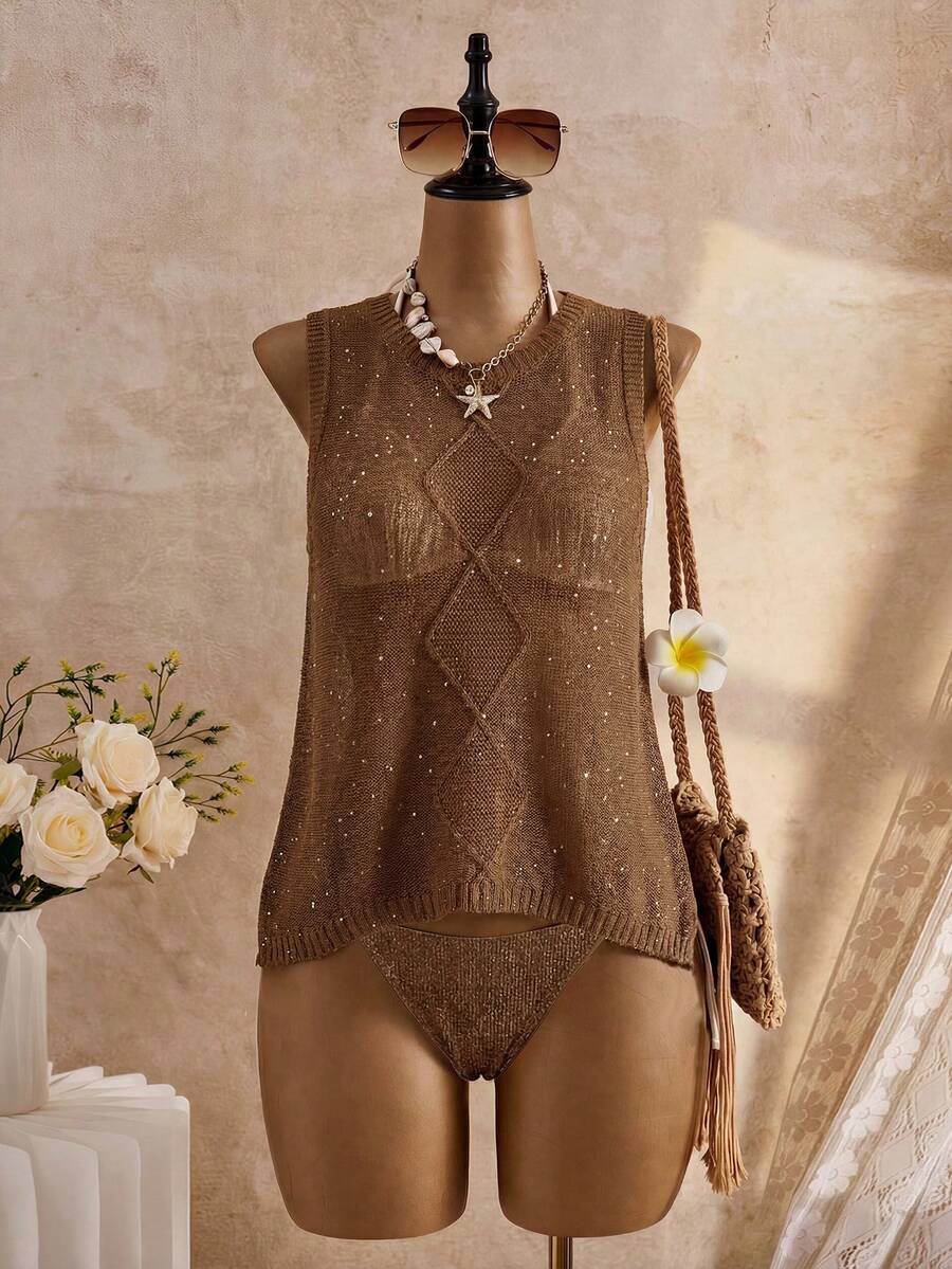 Women's Retro Knit Vest, Sleeveless Round Neck, Regular Length, Ribbed Knit Details - Coffee Brown - View 1