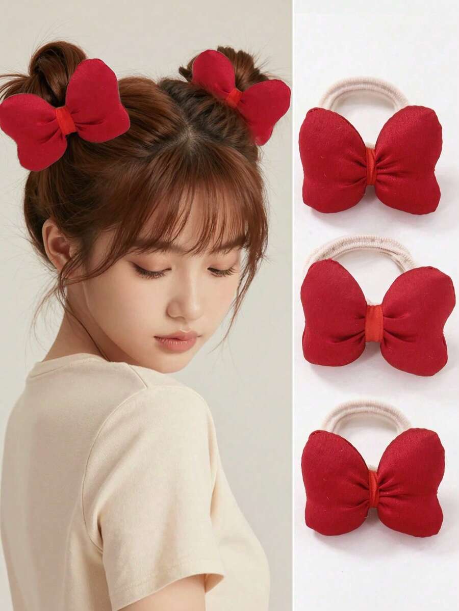 2 pièces/set Filles/Ados Chouchous en tissu rouge unicolore matelassé en coton, accessoires de cheveux princesse mignons et doux à haute élasticité, convient pour un usage quotidien - Multicolore - Voir 1