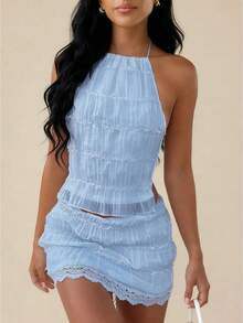 Women Y2k Mini Skirt Sets Backless Tie Up Crop Halter Top And Smocked Lace Mini Skirt 2 Piece Beach Outfit - 藍色 - 查看 1