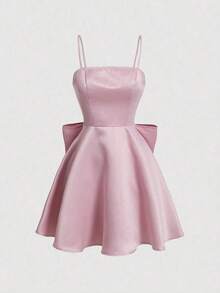 Vestido corto elegante sencillo de color liso con tirantes finos, tejido satinado con lazo grande trasero y falda acampanada, ideal para uso diario de primavera y verano - Rosa - Ver 2