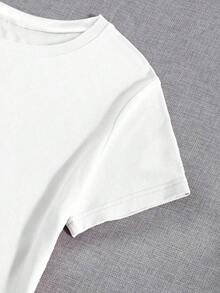 Camiseta cómoda de mujer con estampado de rayas y flores de margarita, cuello redondo, manga corta, minimalista y versátil para uso casual - Blanco - Ver 4