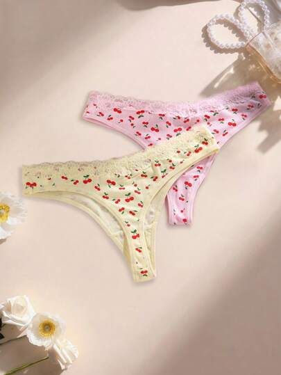 2pcs Women's Sweet & Cute Lace Patchwork Comfortable Panties, Ladies Underwear