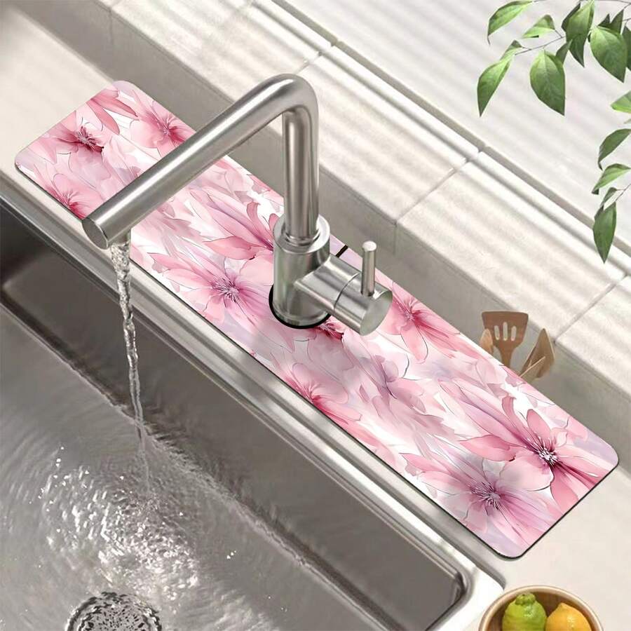 1pc Watercolor Floral Pattern Faucet Mat, Durable Polyester, Quick Dry, Easy Clean, Suitable For Kitchen And Bathroom, Easy Installation, Daily Decor, Gift, Bathroom Mat, Durable Faucet Mat, Faucet Accessory - Multicolor - View 1