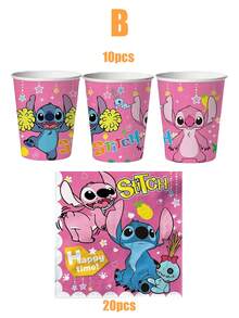 Bộ đồ dùng tiệc chủ đề Lilo & Stitch màu hồng đậm, bao gồm đĩa, cốc, khăn ăn, khăn trải bàn, quà tặng nhỏ, đồ trang trí tiệc và bộ đồ ăn dã ngoại/cắm trại. - Nhiều màu - Xem 4