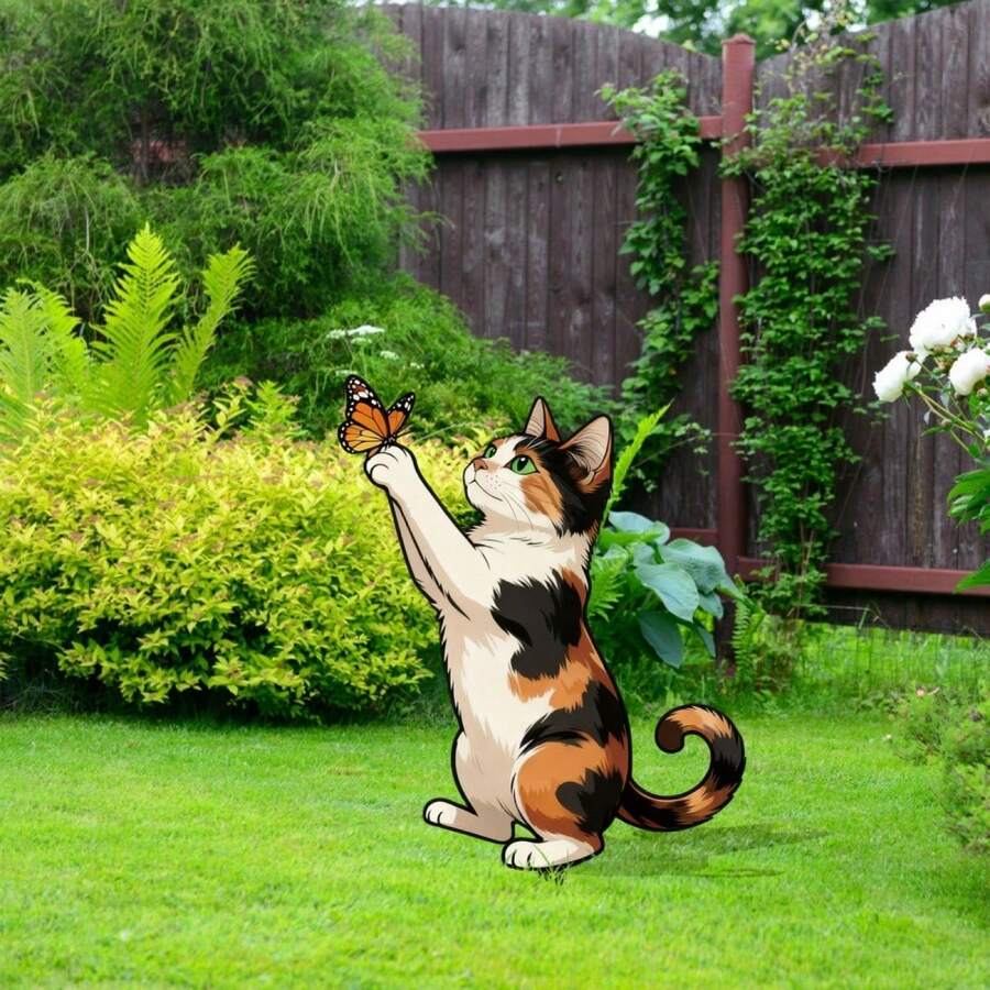 2D Flat, 1pc Acrylic Cat Chasing Butterfly Garden Decor Stake, Cute Animal Decoration For Outdoor Patio, Lawn, Garden - A - View 1